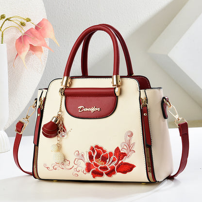 Embroidered PU Handbag with Adjustable Strap