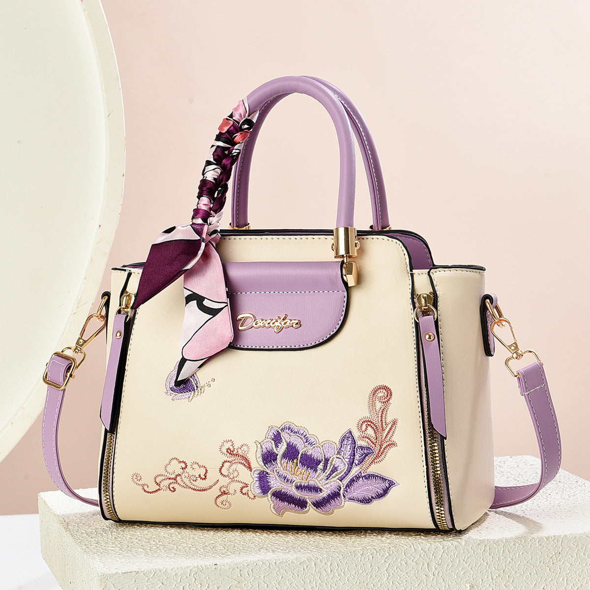 Embroidered PU Handbag with Adjustable Strap