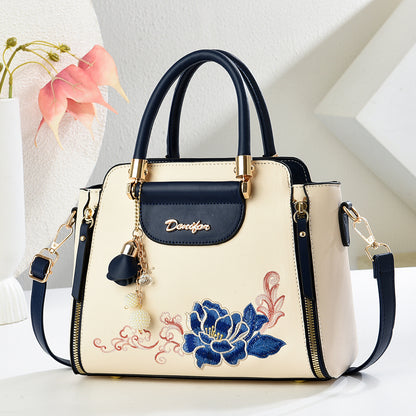 Embroidered PU Handbag with Adjustable Strap