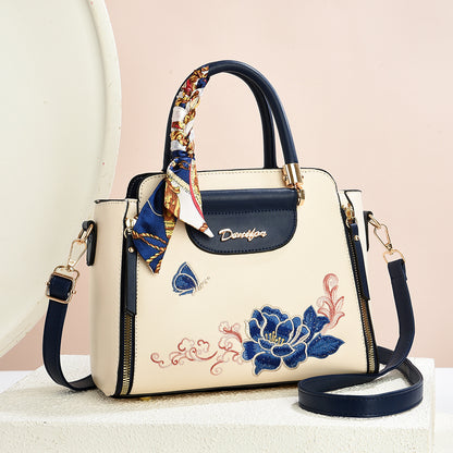 Embroidered PU Handbag with Adjustable Strap