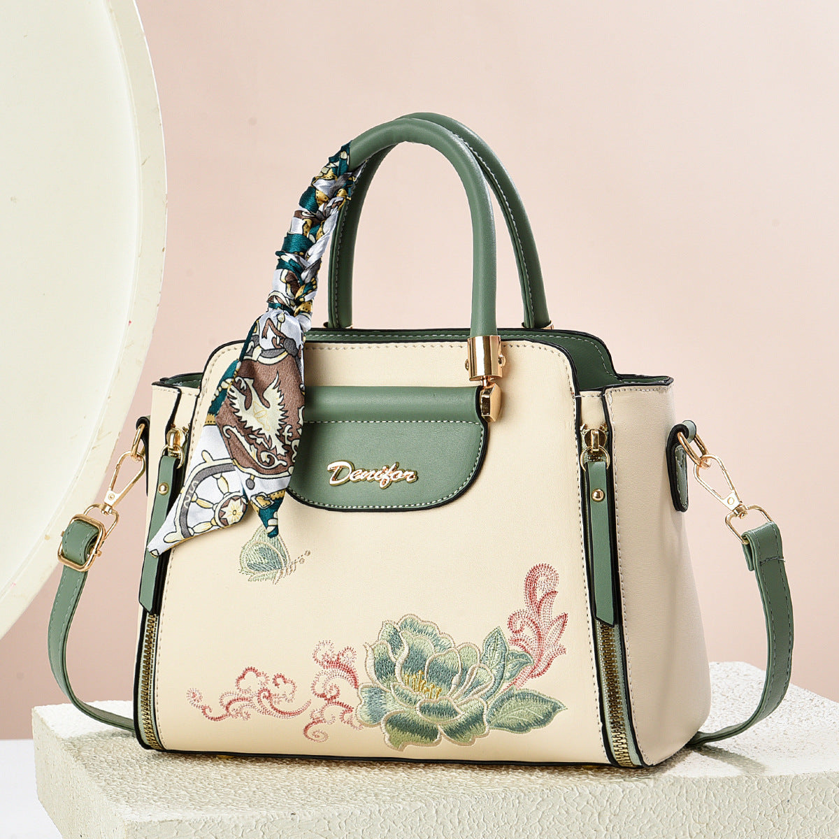 Embroidered PU Handbag with Adjustable Strap