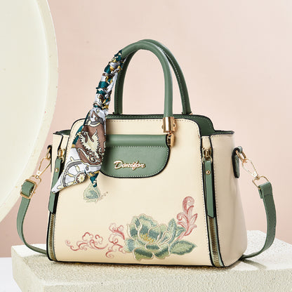 Embroidered PU Handbag with Adjustable Strap