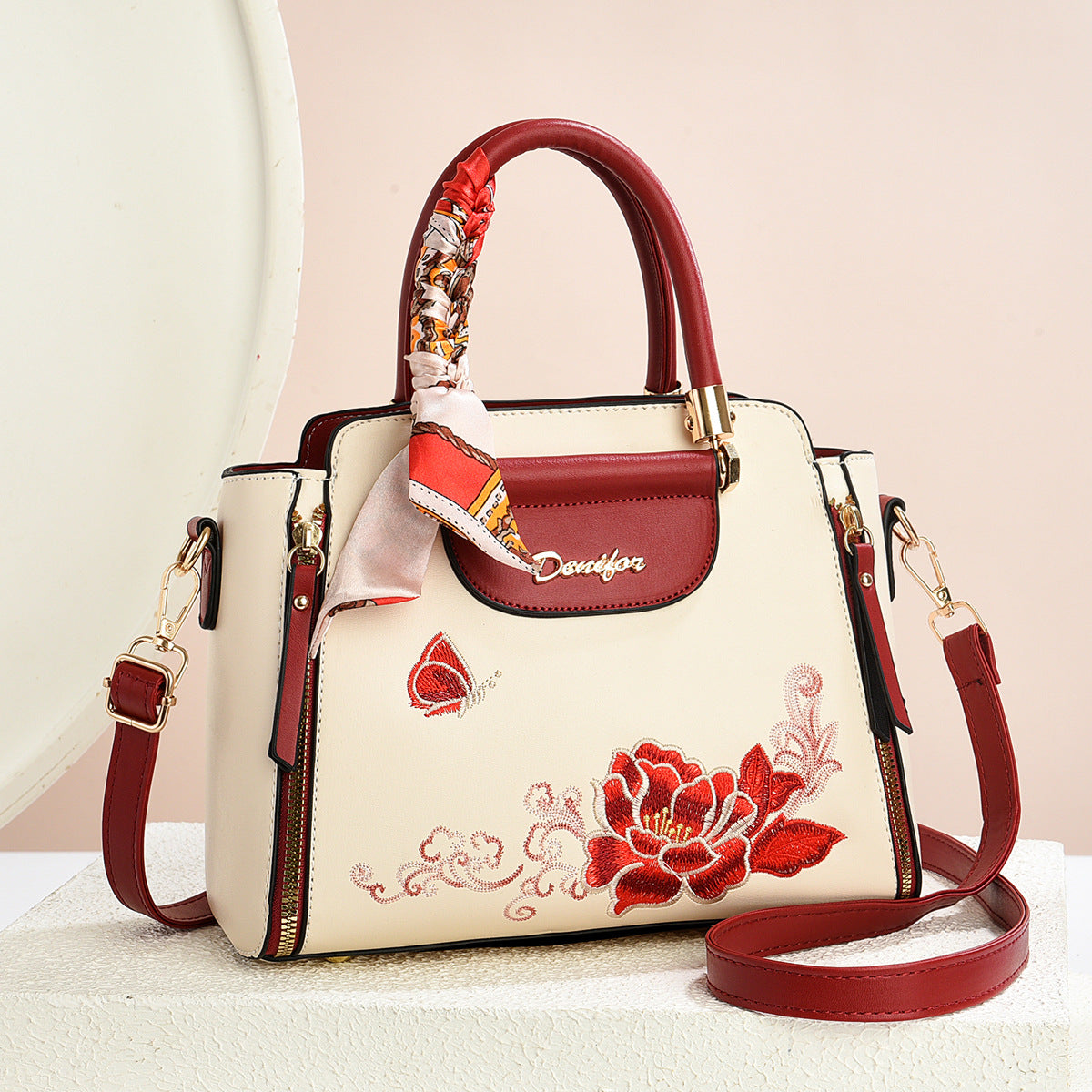 Embroidered PU Handbag with Adjustable Strap