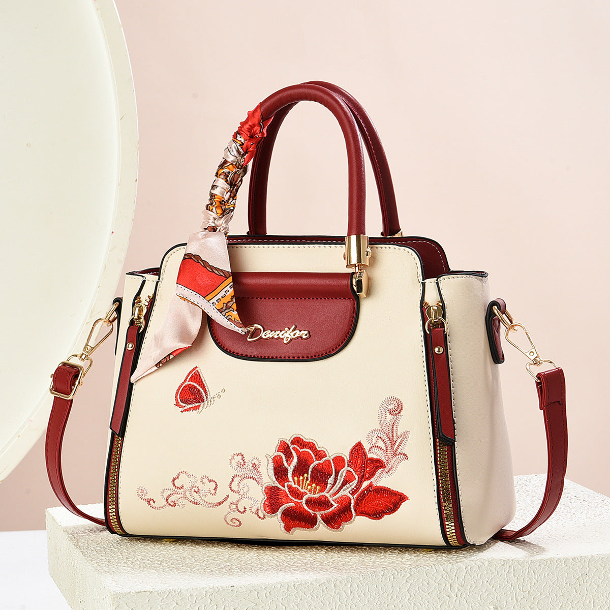 Embroidered PU Handbag with Adjustable Strap