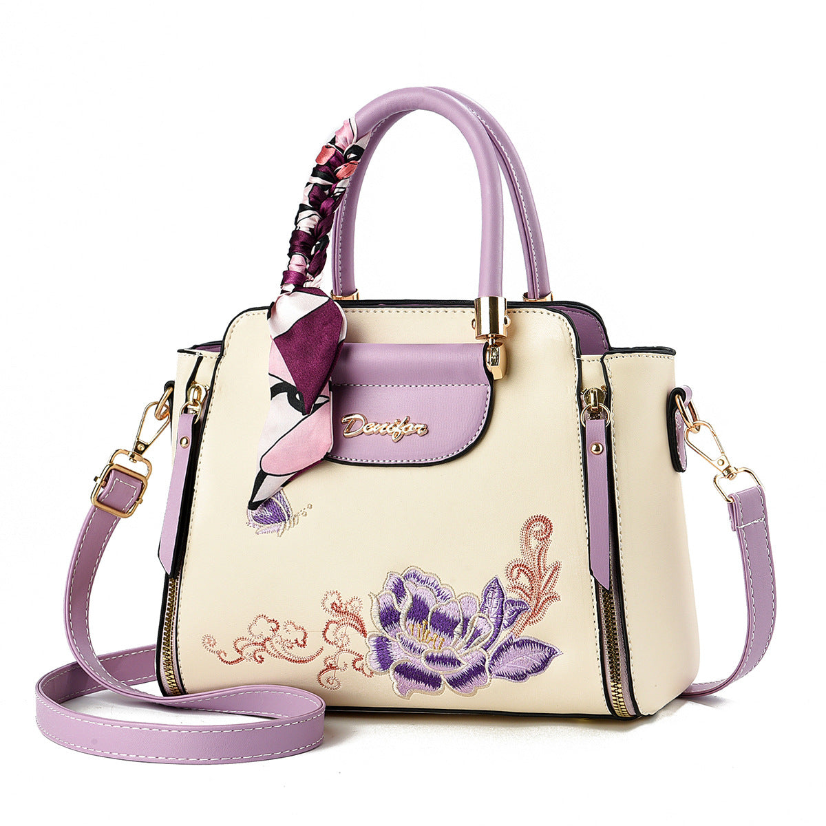 Embroidered PU Handbag with Adjustable Strap