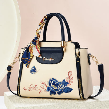 Embroidered PU Handbag with Adjustable Strap