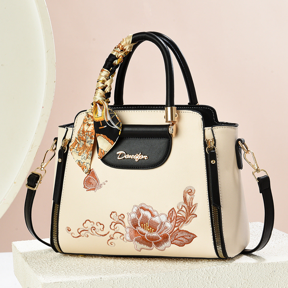Embroidered PU Handbag with Adjustable Strap