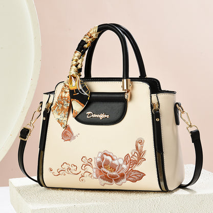 Embroidered PU Handbag with Adjustable Strap