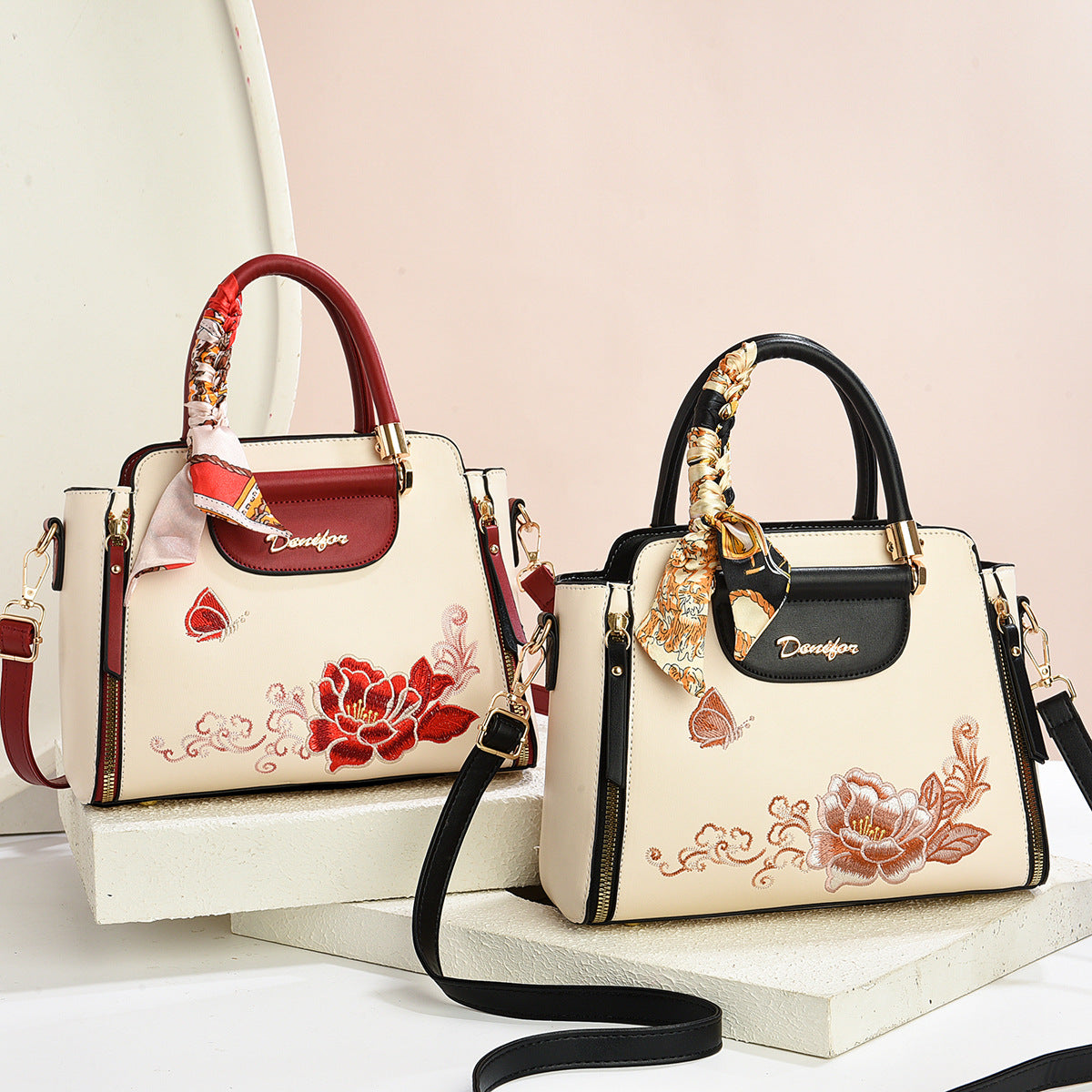 Embroidered PU Handbag with Adjustable Strap