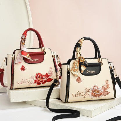 Embroidered PU Handbag with Adjustable Strap