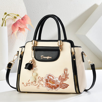 Embroidered PU Handbag with Adjustable Strap