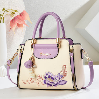 Embroidered PU Handbag with Adjustable Strap